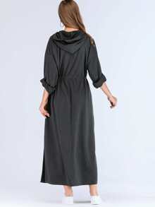 Drawstring Waist Split Side Longline Hooded Dress - Black - View 2