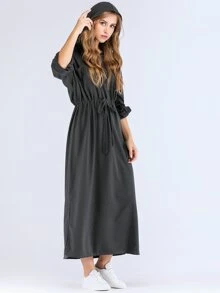 Drawstring Waist Split Side Longline Hooded Dress - Black - View 3