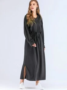 Drawstring Waist Split Side Longline Hooded Dress - Black - View 5