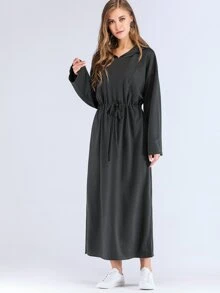 Drawstring Waist Split Side Longline Hooded Dress - Black - View 1