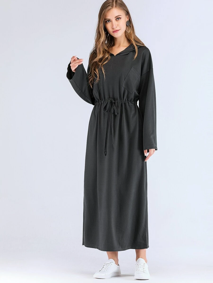 Drawstring Waist Split Side Longline Hooded Dress - Black - View 1