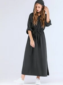 Drawstring Waist Split Side Longline Hooded Dress - Black - View 4