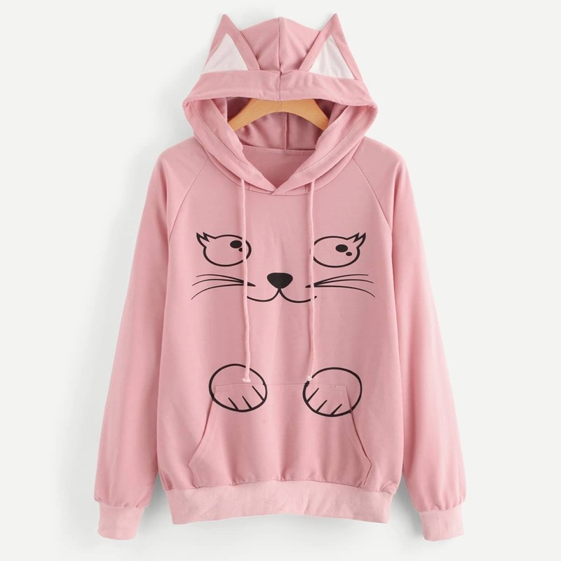 

Contrast Cat Ear Cartoon Graphic Hoodie, Pink