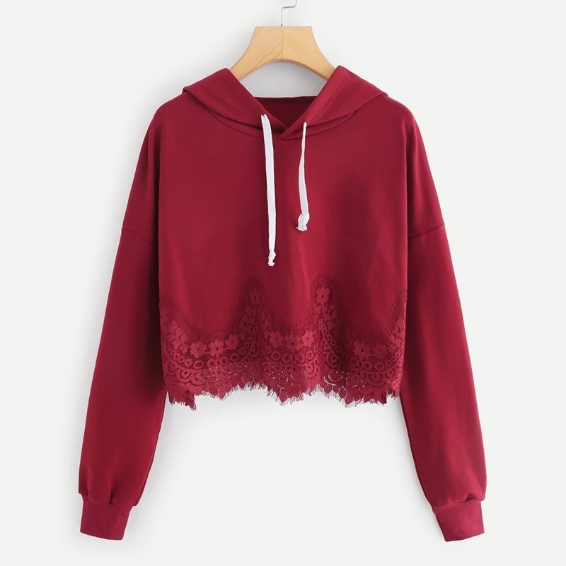 

Lace Trim Drawstring Hoodie, Burgundy