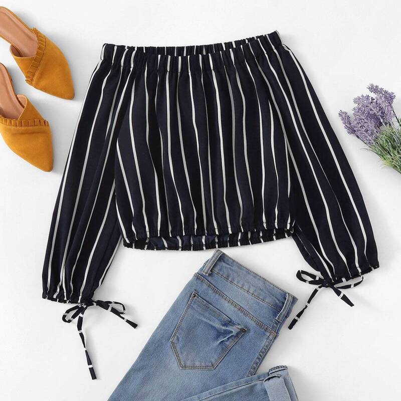 

Striped Off The Shoulder Knot Sleeve Blouse, Multicolor
