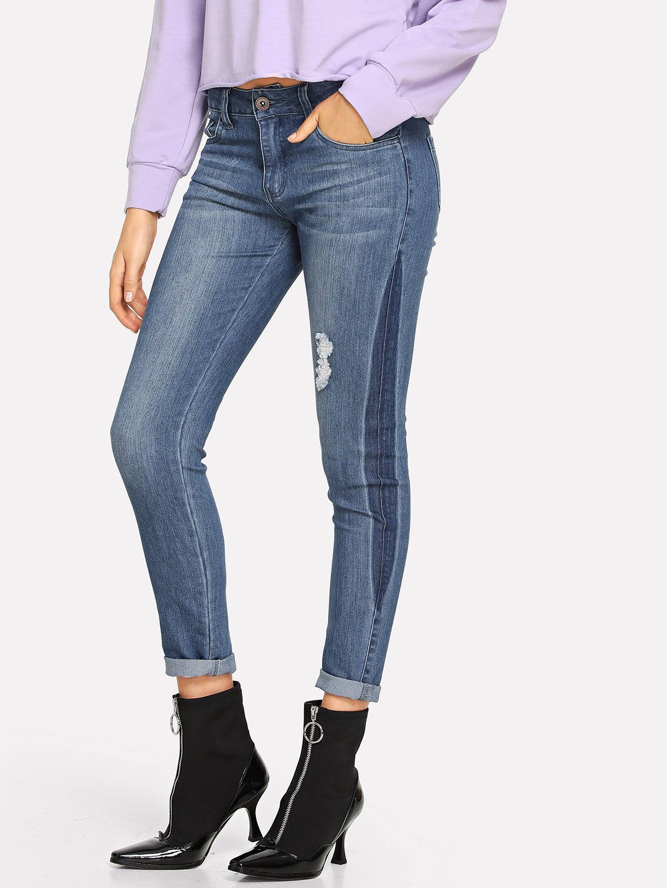 Ripped Pocket Front Zip Detail Jeans ROMWE