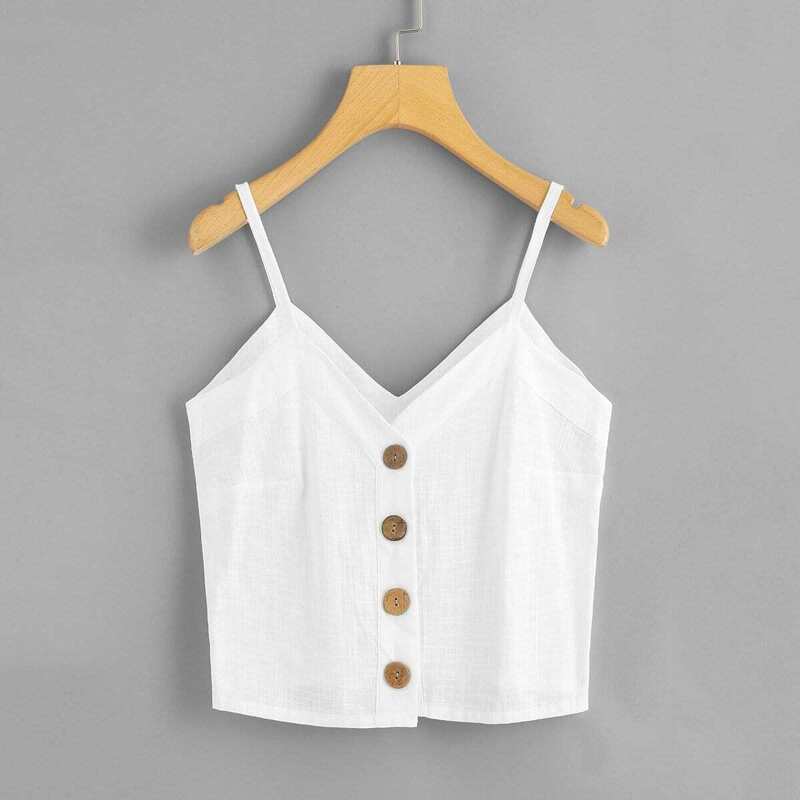 

Plus Button Front Solid Cami Top, White