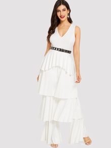 Tiered Ruffle Leg Plunging Neck Jumpsuit