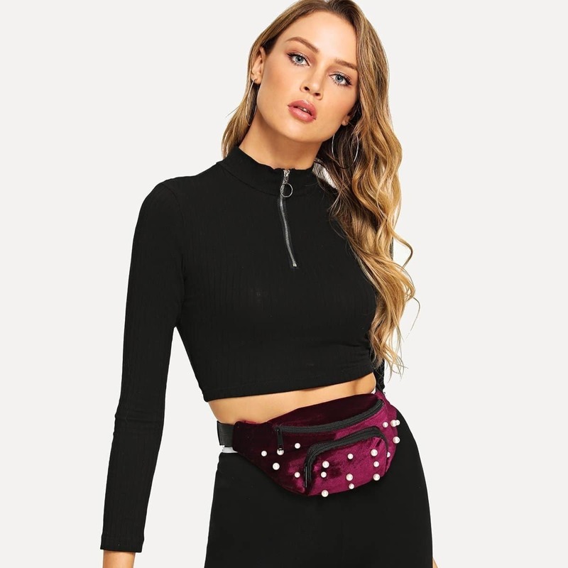 

Faux Pearl Beaded Fanny Pack, Burgundy