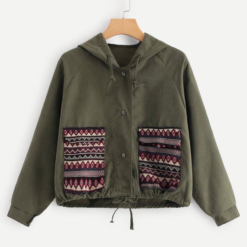 

Geometrical Pattern Drawstring Hooded Jacket, Army green