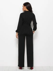 Tie Waist Wide Leg Jumpsuit - Black - View 2