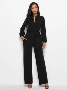 Tie Waist Wide Leg Jumpsuit - Black - View 1