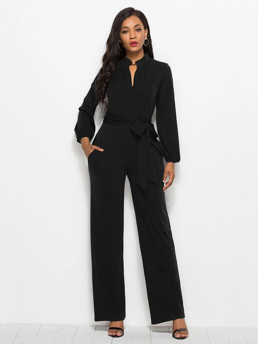 Tie Waist Wide Leg Jumpsuit - Black - View 1