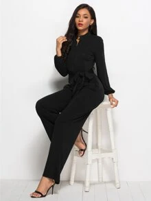 Tie Waist Wide Leg Jumpsuit - Black - View 3