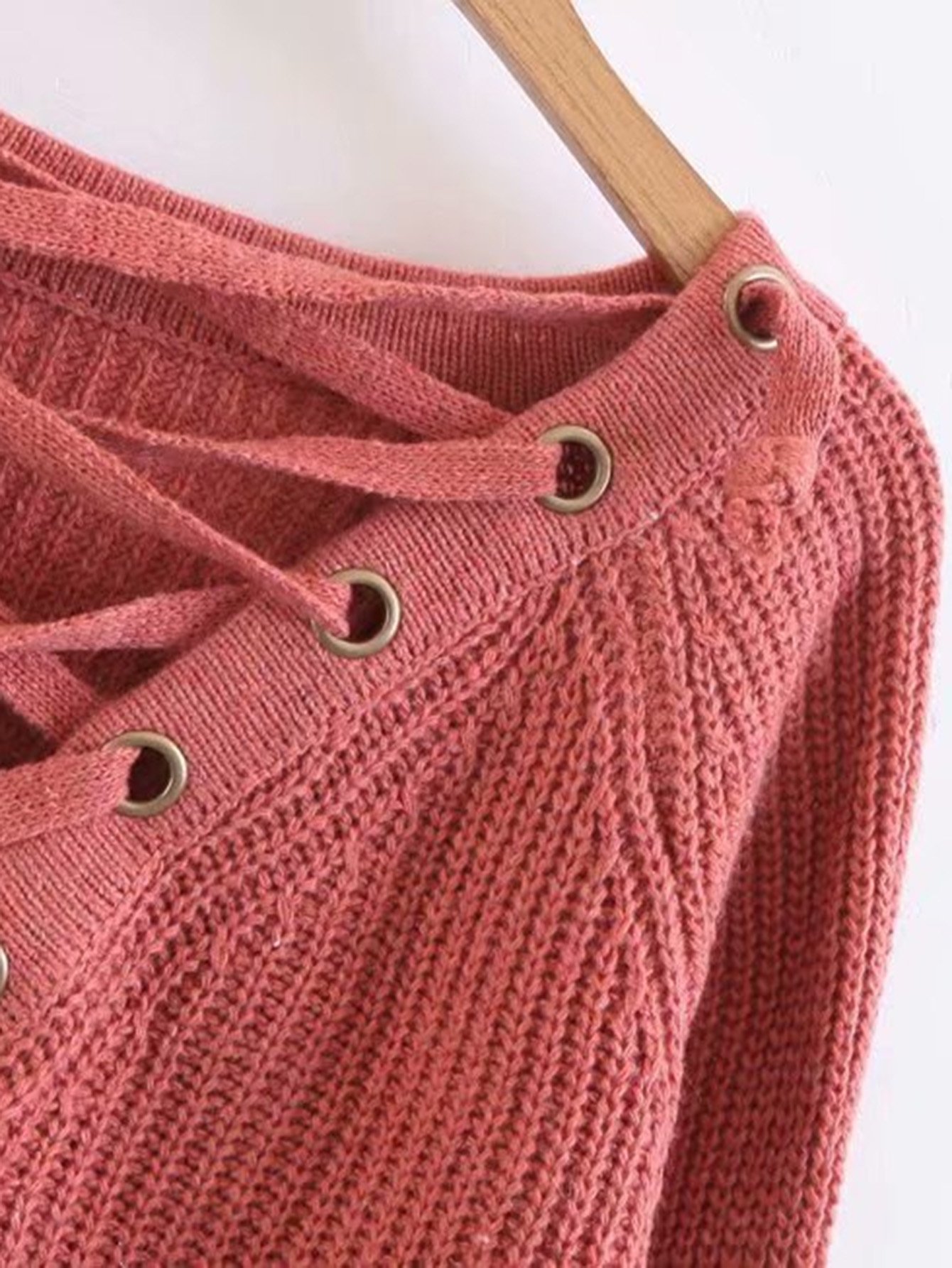 eyelet lace-up v neck high low sweater