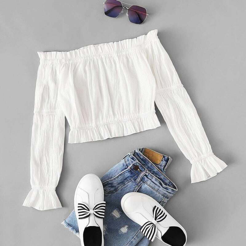 

Frill Trim Off Shoulder Crop Top, White