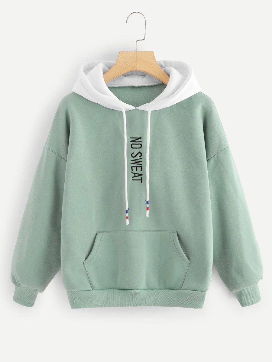 Letter Embroidered Kangaroo Pocket Hoodie - Mint Green - View 1