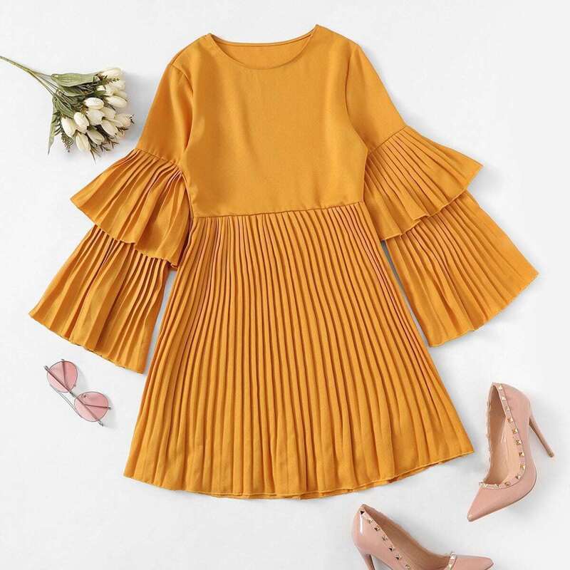 

Pleated Solid Dress, Yellow
