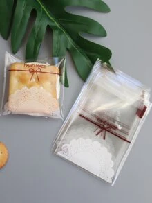 100pcs Biscuit Self-Sealing Bag, Lace & Bow Print Packaging Bag