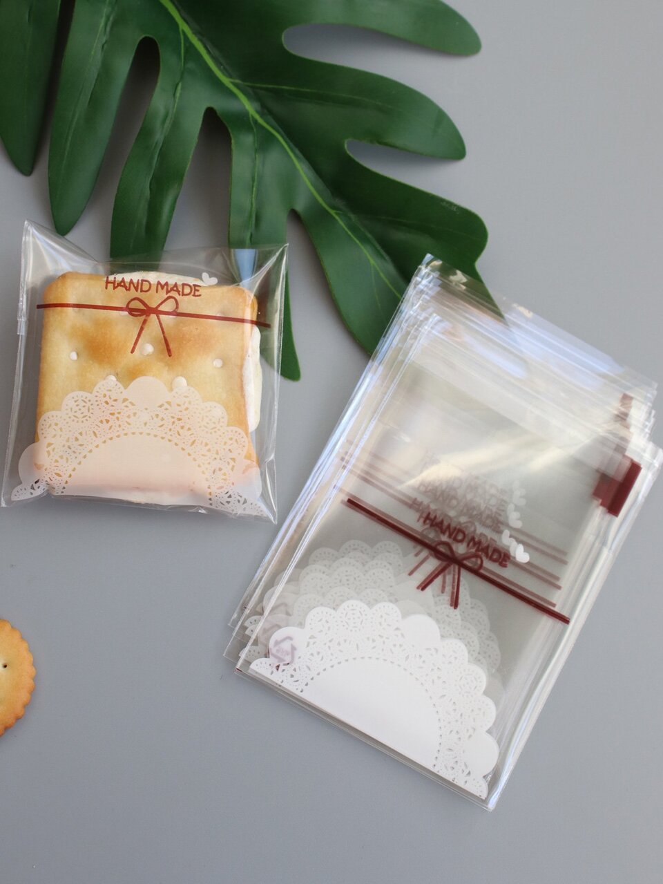 100pcs Biscuit Self-Sealing Bag, Lace & Bow Print Packaging Bag