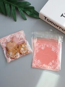 100入組塑料透明包裝袋，玫瑰花蕾紋路印花，方形烘焙口袋用於餅幹婚禮派對禮物袋 - 彩色 - 查看 1