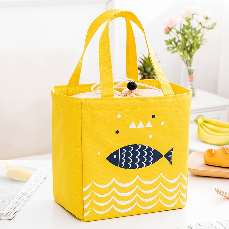 Fish Print Drawstring Lunch Storage Bag, Yellow