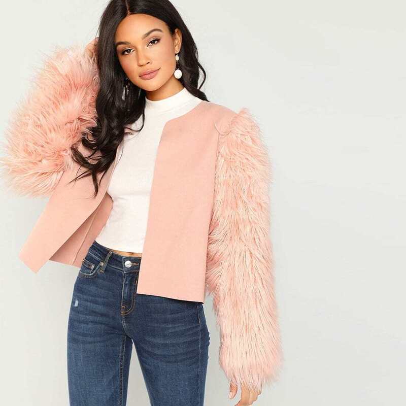 

Open Front Faux Fur Sleeve Coat, Pink