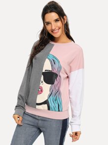 Color Block Figure Print Pullover