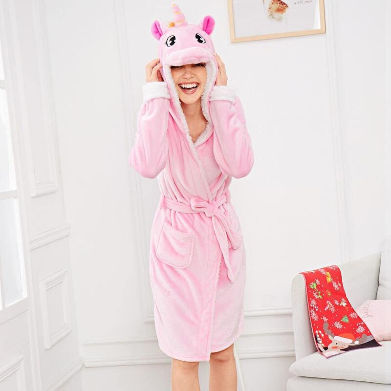 

Unicorn Self Belted Hooded Robe, Pink