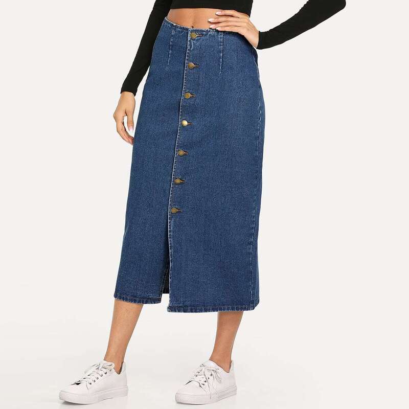 

Slit Front Button Up Denim Skirt, Navy