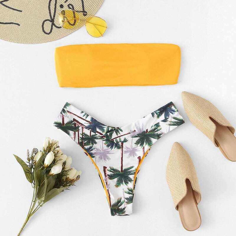 

Basic Bandeau With Coconut Tree Panty Bikini Set, Multicolor