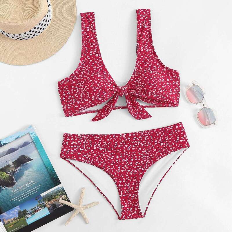 Random Pattern Knot Front Bikini Set, Red