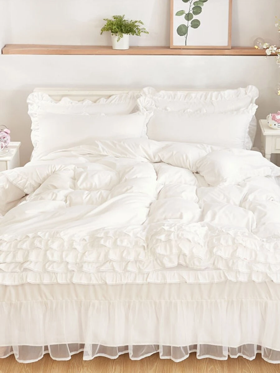 Solid Contrast Lace Sheet Set - White - View 1