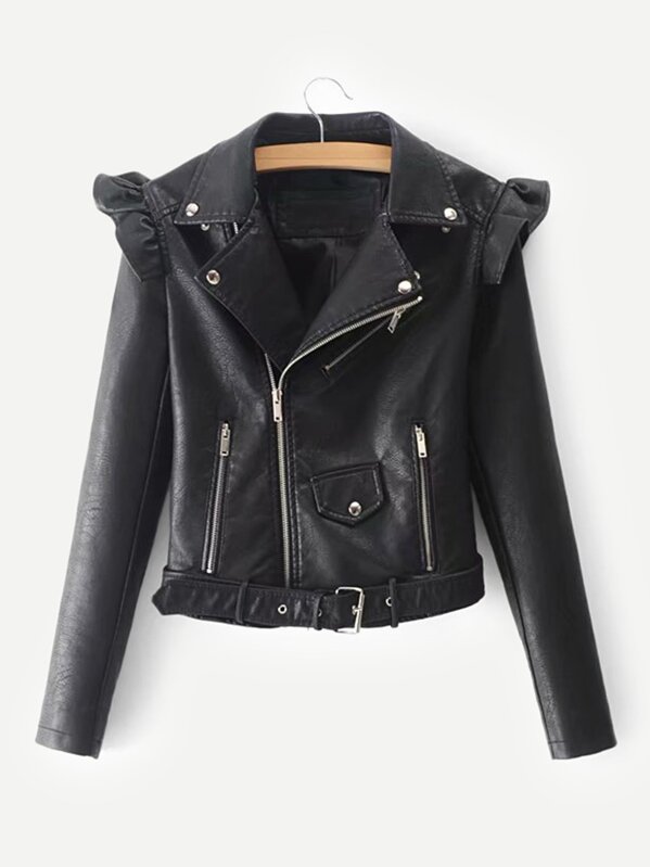 Faux Leather Ruffle Belted Biker Jacket