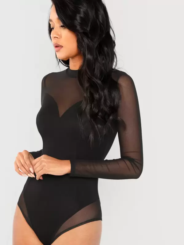 SHEIN Mock Neck Mesh Panel Skinny Bodysuit