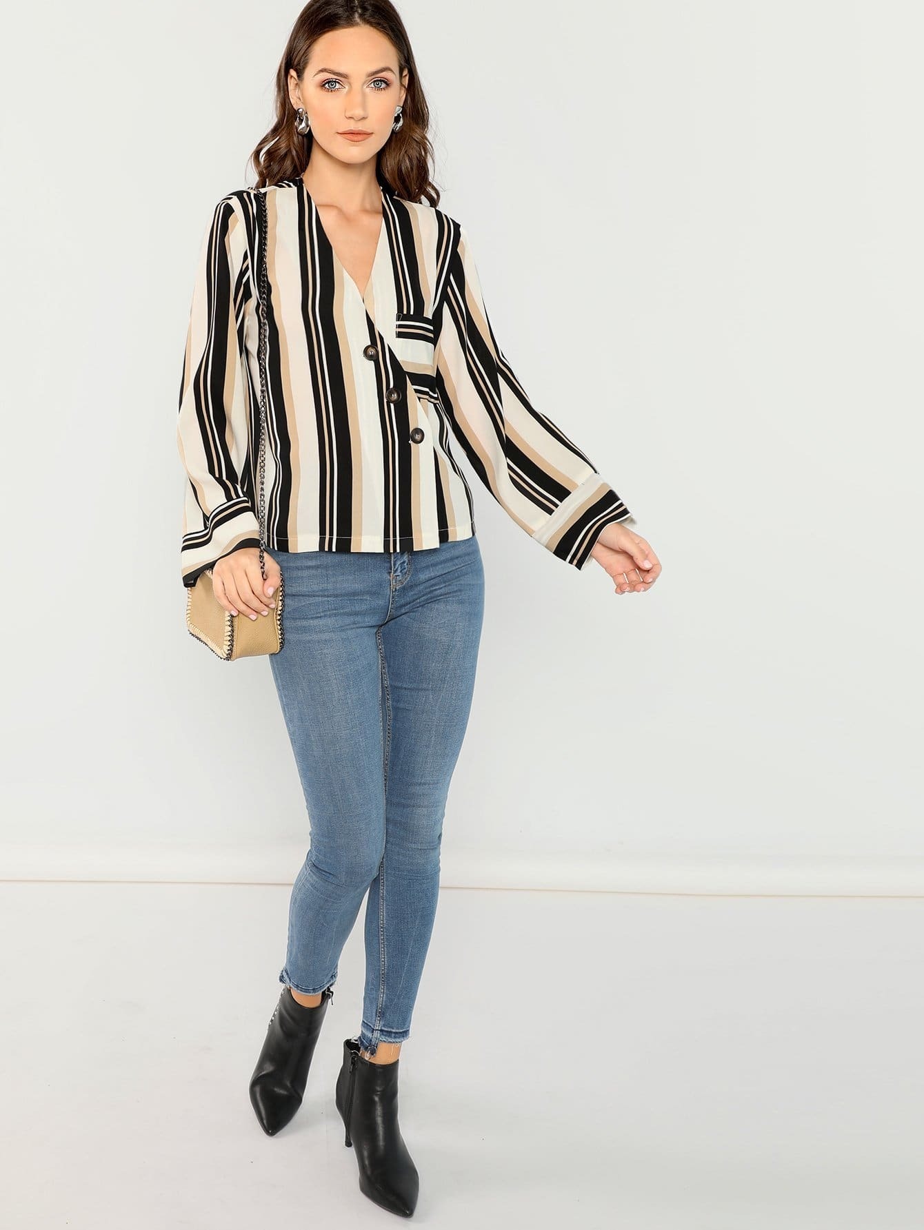 button front closure v-neck striped blouse