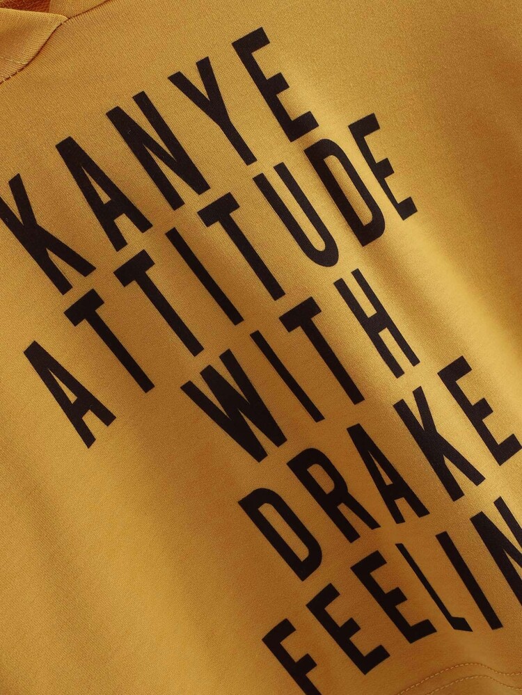 Slogan Graphic Drop Shoulder Crop Hoodie - Mustard Yellow - View 4