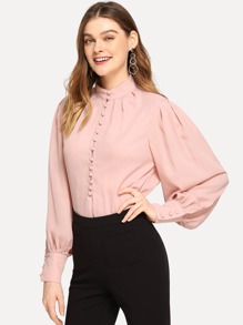 Button Front Mock Neck Solid Top
