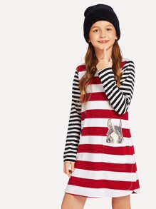 Girls Striped Print Tee Dress
