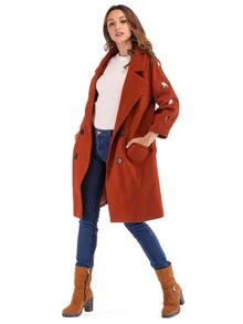 Double Breasted Embroidered Coat - Red - View 3