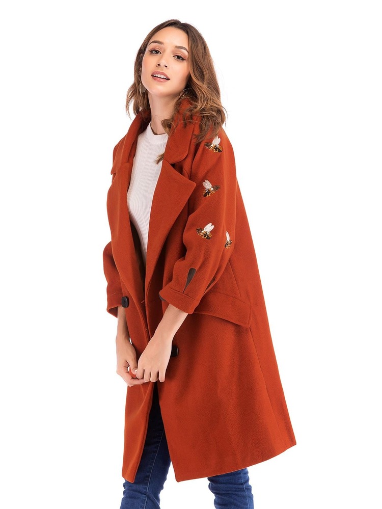 Double Breasted Embroidered Coat - Red - View 4