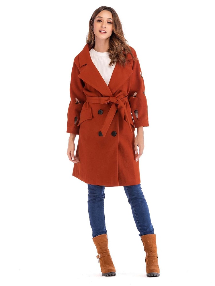 Double Breasted Embroidered Coat - Red - View 5