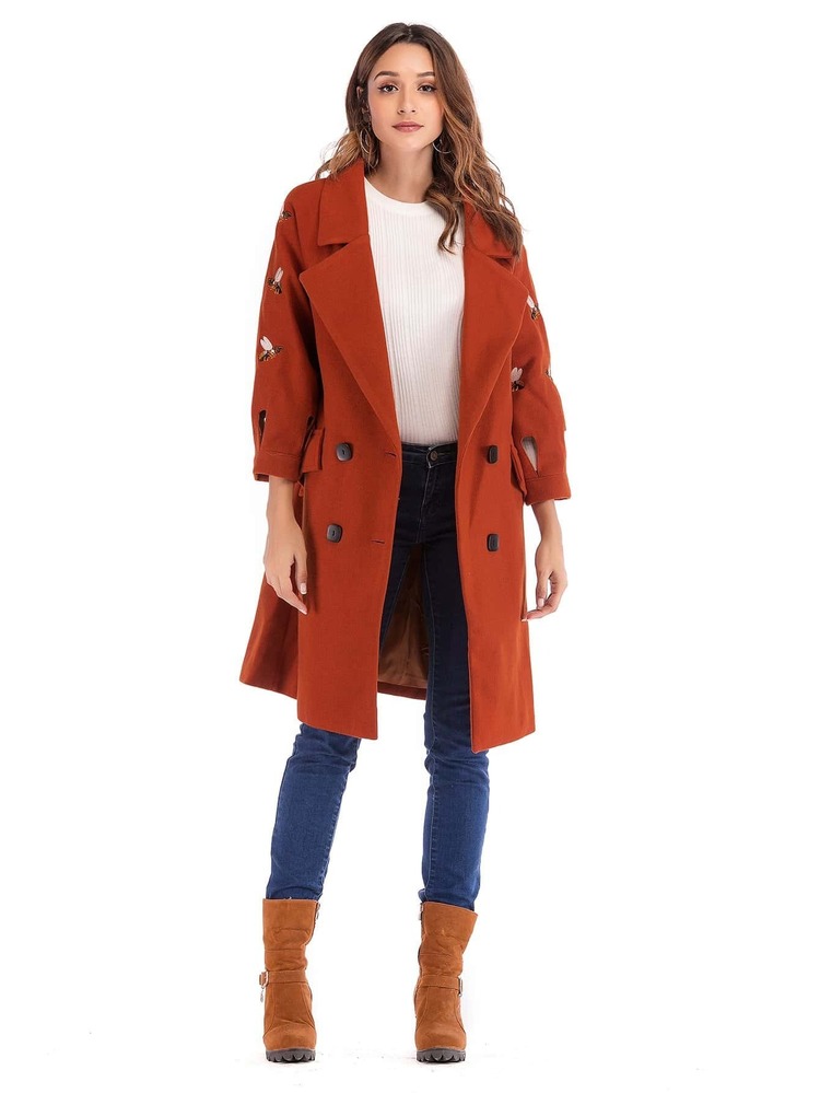 Double Breasted Embroidered Coat - Red - View 7