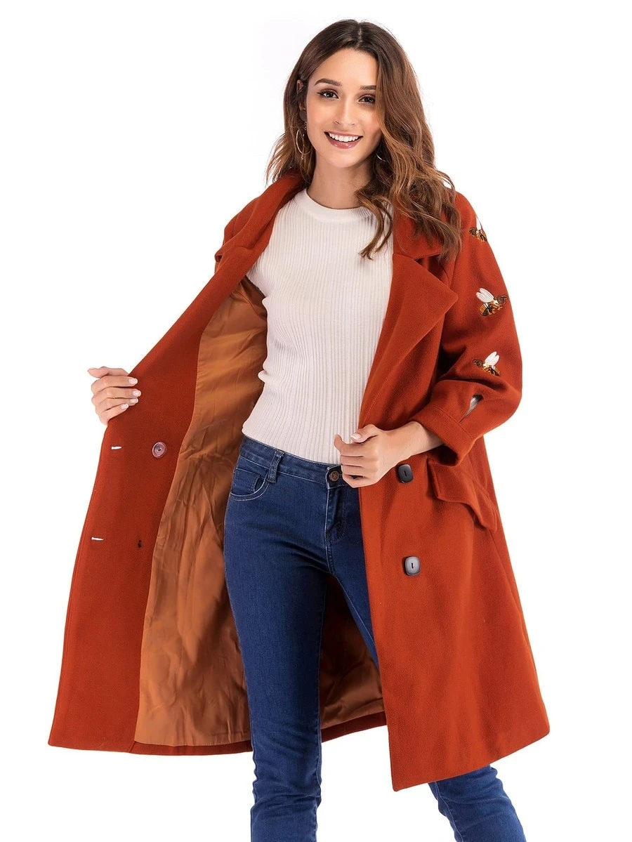 Double Breasted Embroidered Coat - Red - View 1