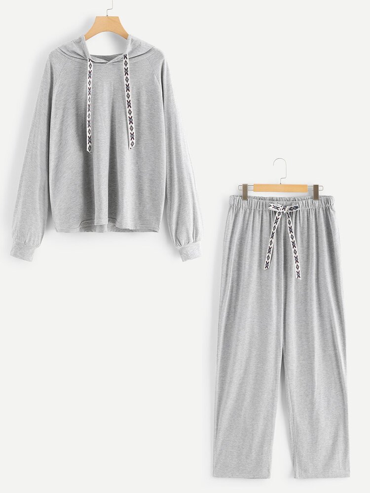 Plus Drawstring Top With Pants - Light Grey - View 1
