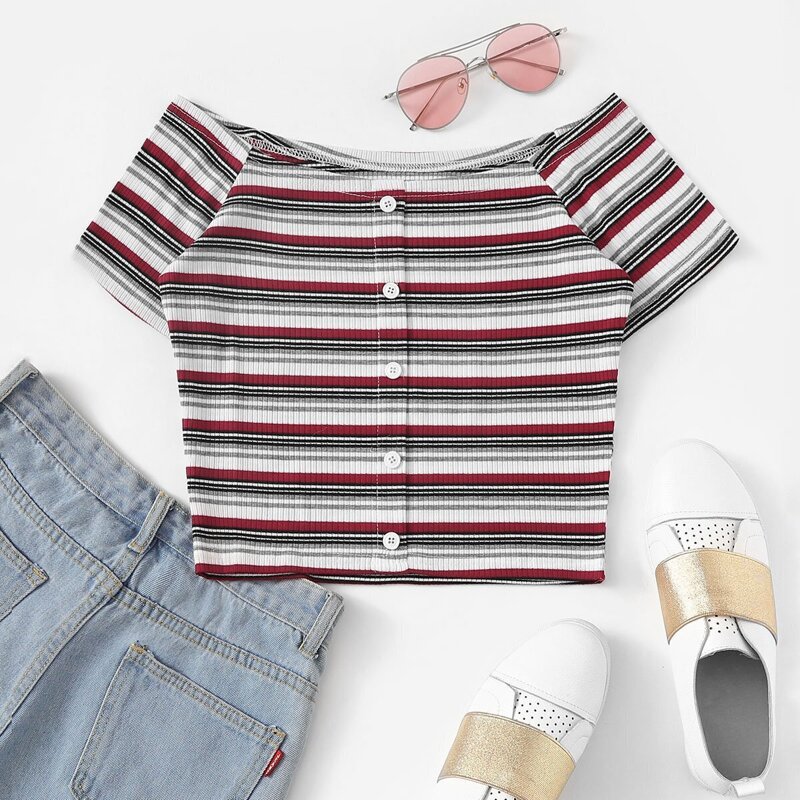 

Striped Single Breasted Off The Shoulder Tee, Multicolor