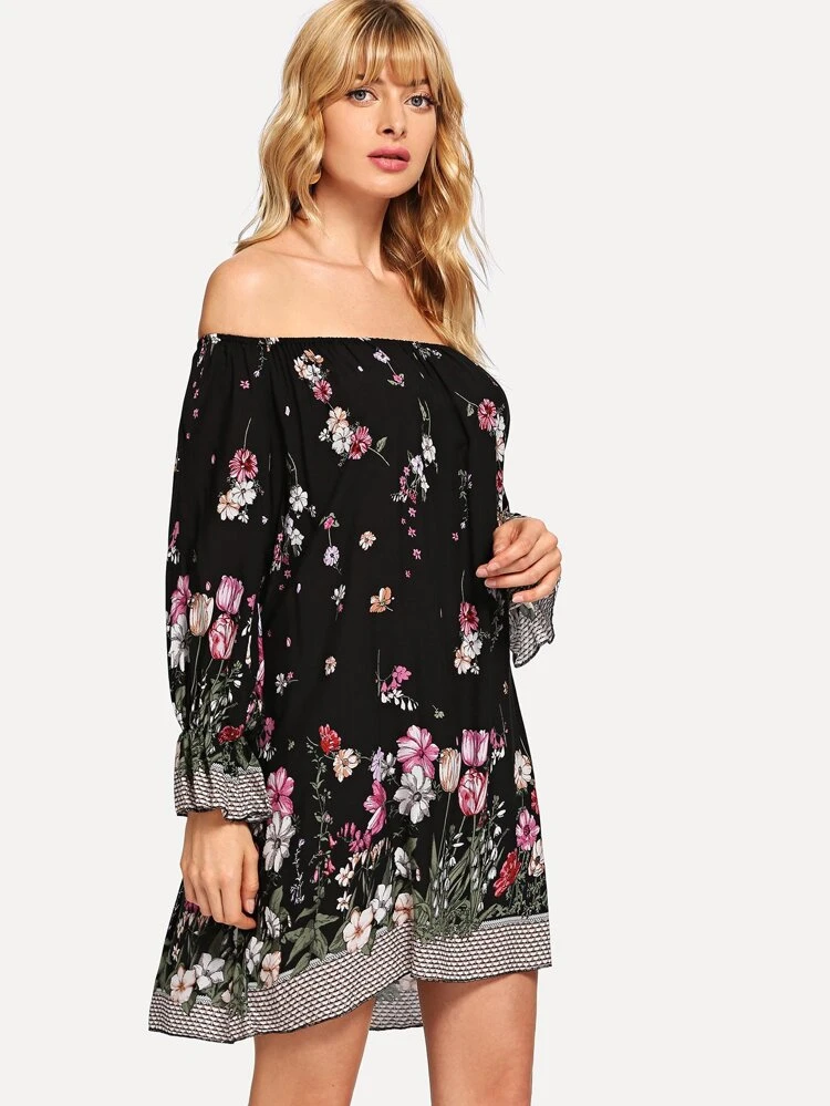 Svart Krås Blommig Semester Klänningar | SHEIN SE Blommig klänning med bardot krage | SHEIN SE