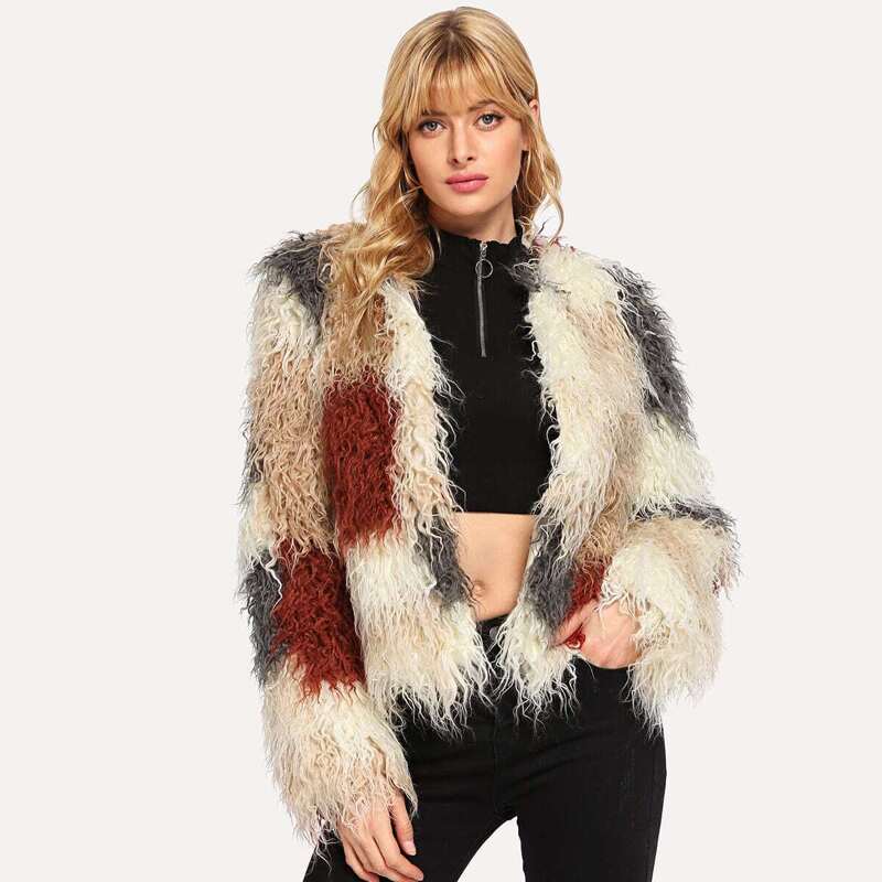 

Color Block Faux Fur Teddy Coat, Multicolor