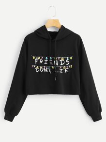Pompom Detail Letter Print Hoodie