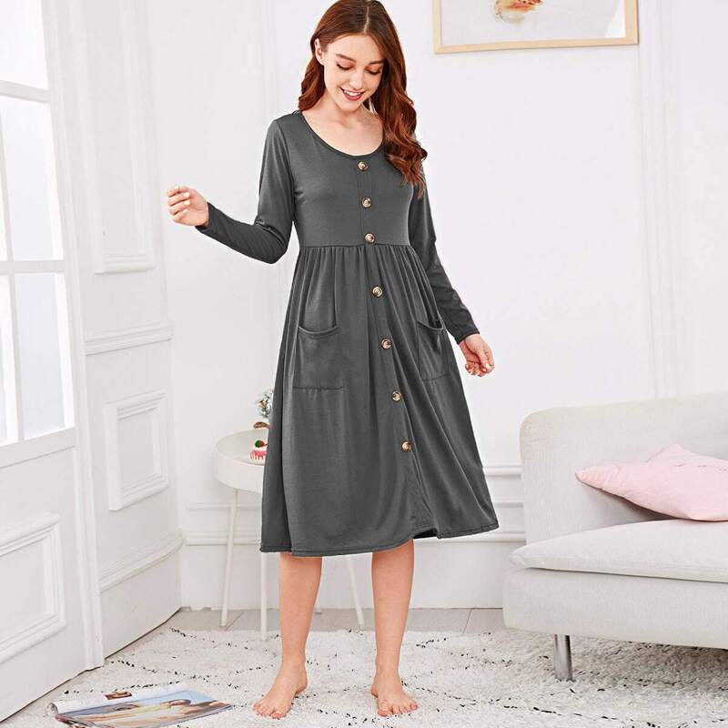 

Pocket Front Button Detail Night Dress, Grey